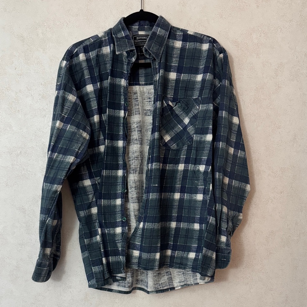 Green, Navy and White Plaid Shirt